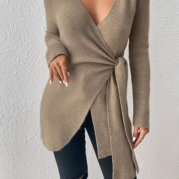 Khaki Casual Preppy Womens Wrap Knot Side Sweater - Picture 3 of 5